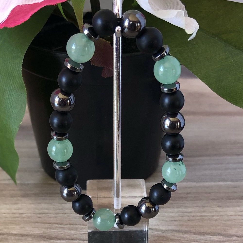 Natural Green Aventurine Stone Stretchable Hematite Round Beaded Bracelet